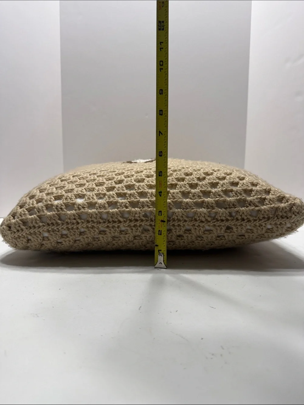 Neutral Crochet Square Pillow with Center Flower Motif